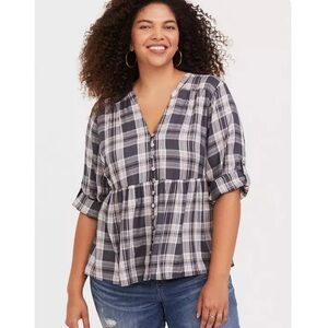 Torrid Twill Grey Plaid Babydoll Top